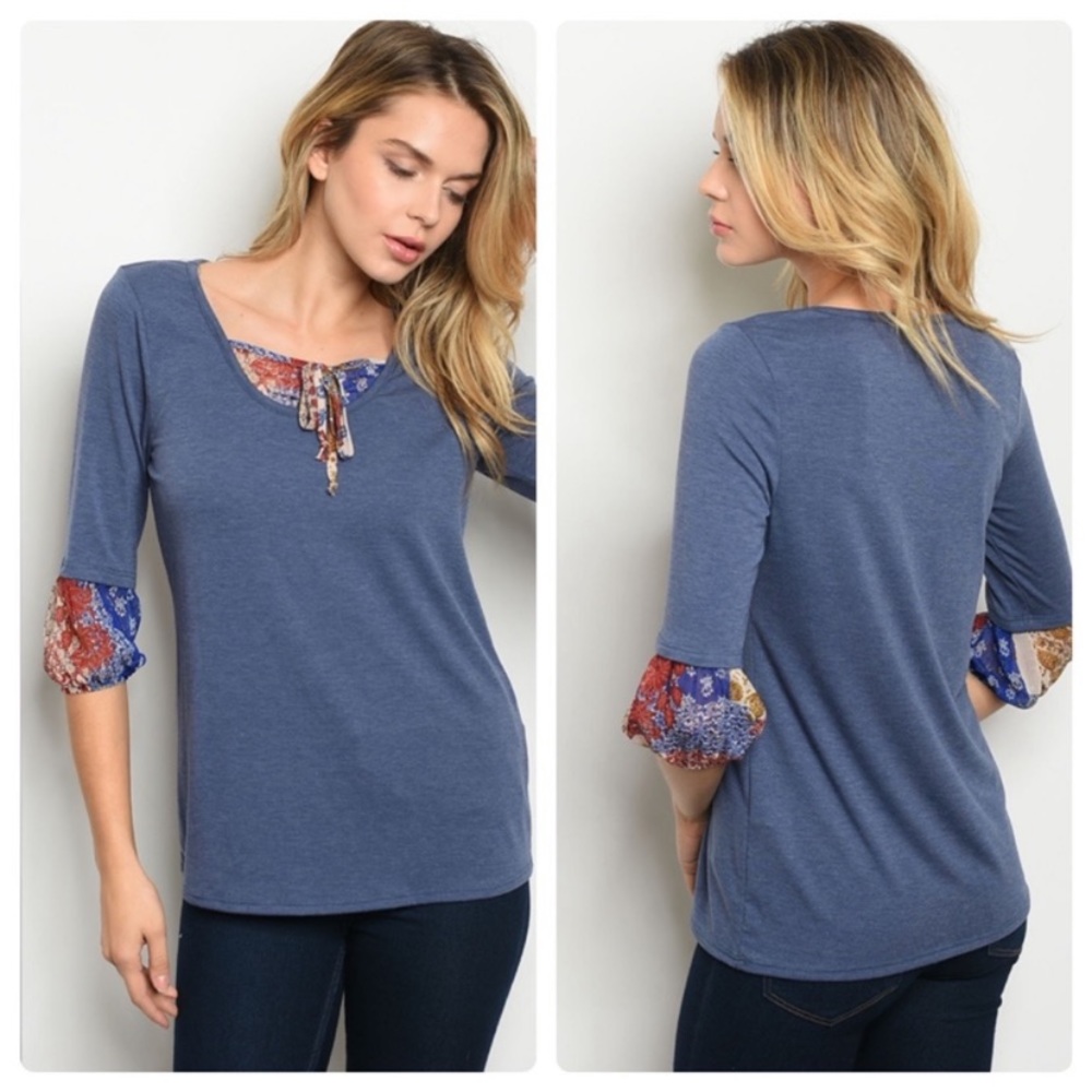 NWT Soft Blue Boho 3/4 sleeve top S M L